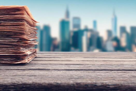 Stack of newspapers on a wooden table, city backdrop photo