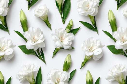 Delicate white flowers arranged in a symmetrical pattern on a white background. Fresh, small blossoms with green leaves and buds photo