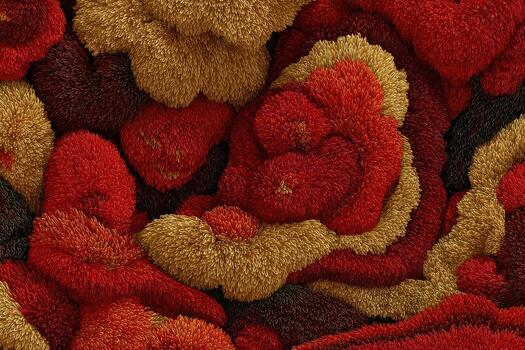 Abstract textured surface of clustered, fuzzy forms in varying shades of red and gold photo