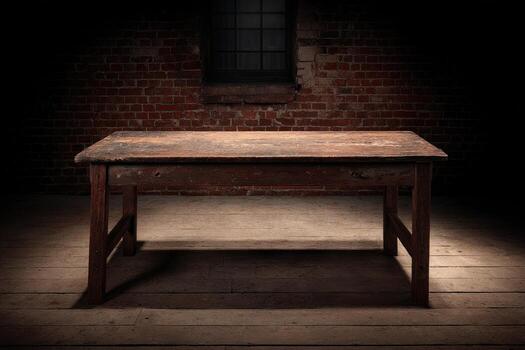 A table with a chair and a window in a dark room photo