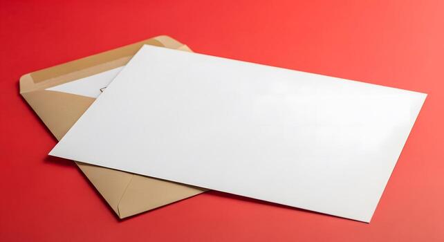Clean white blank card resting on an open brown paper envelope, presented on a striking red backdrop, offering copy space for messages, invitations, or creative designs photo