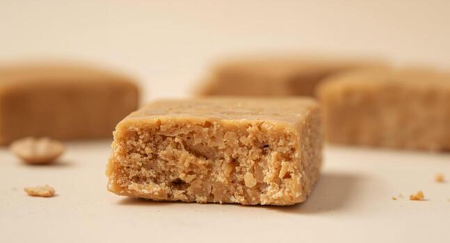 Textured Caramel Squares, Soft Lighting, Smooth Backdrop, and Angular Slices. photo