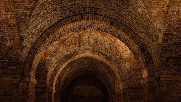 Arched Brickwork Composition, Illuminated with Soft Light Visual Texture and Depth. photo