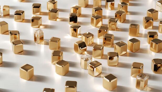 Golden Array Geometric Forms on White Surface Reflections and Light Play. photo