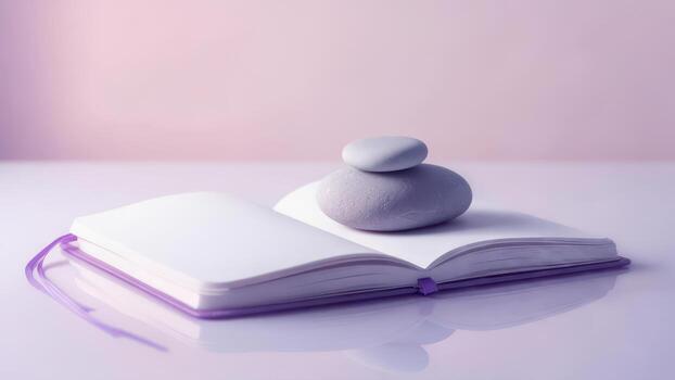 Zen stones balanced on an open notebook with a soft pink background. photo