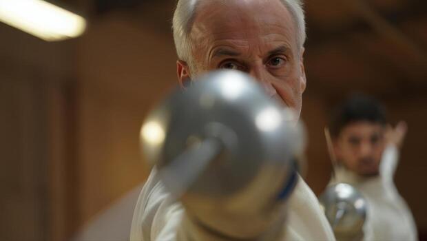 An older fencer extends his epee toward the camera during practice, with a younger partner behind him in a training hall photo