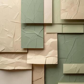 Abstract geometric composition of beige and green 3D blocks and textured panels, modern minimal architecture inspired shapes, creative design background 2 photo