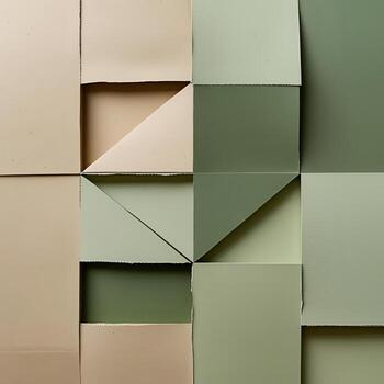 Abstract geometric composition of beige and green 3D blocks and textured panels, modern minimal architecture inspired shapes, creative design background photo