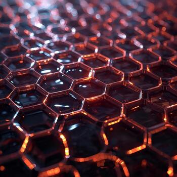 Glowing red hexagonal grid pattern with futuristic abstract design, illuminated honeycomb texture background in digital technology style photo
