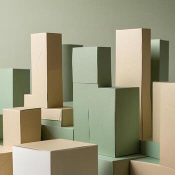 Abstract geometric composition of beige and green 3D blocks and textured panels, modern minimal architecture inspired shapes, creative design background 3 photo