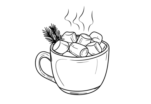 en enkel linje konst teckning av en ångande råna fylld till de brätte med mjuk marshmallows, komplett med en garnering av en små tall kvist png