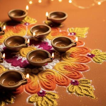 Traditional Diwali Diyas on colorful rangoli for the Festival of Lights celebration photo