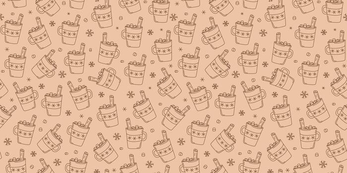 Coffee cup, marshmallow, hot drink with cinnamon stick. Seamless pattern. Mug, cocoa, tea. A cozy set of linear icons. Drawings, doodles. Repeating background. vector