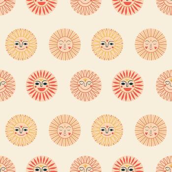 Geometric seamless pattern with folklore sun faces in boho and mystical style, ornamental and decorative design. vector