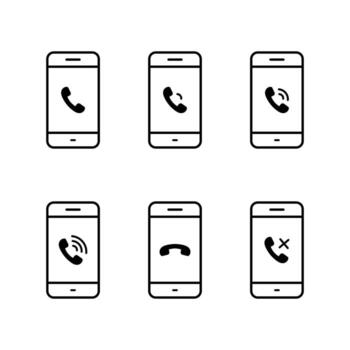 Mobile phone with call icon set. Incoming, ringing, hang up and declined call status symbol vector