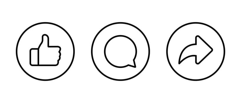 Like, comment, and share icon. Social media activity and feedback symbol in circular outline vector