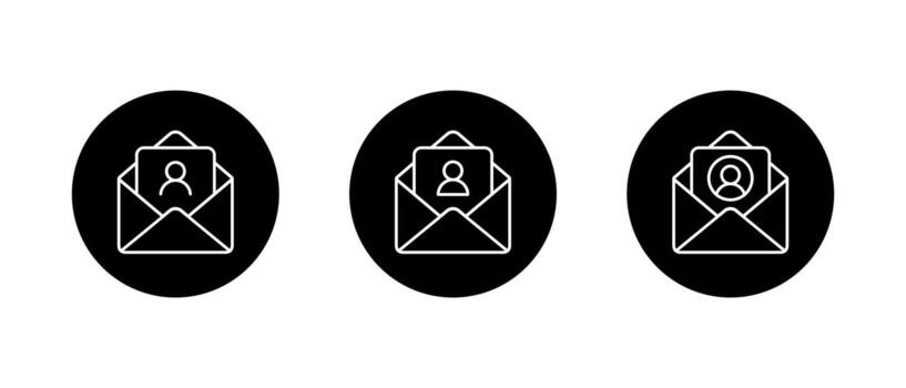 Email with avatar profile icon. Open envelope outline with user account symbol in black circle vector