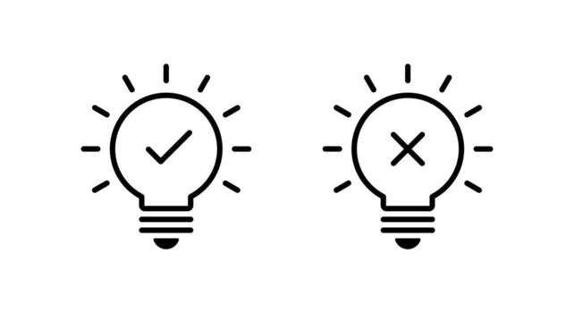 Light bulb with check mark and cross icon. Idea approval and rejection symbol vector