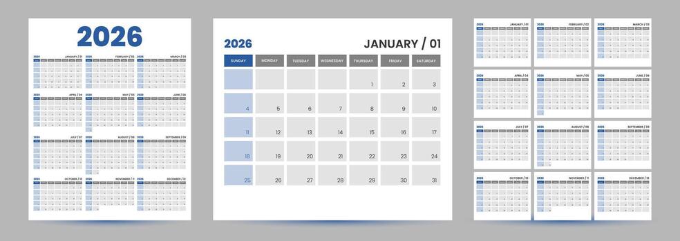 2026 editable minimal calendar design. Week starts on Sunday. Place for notes. Minimalist trendy design for desktop design calendar planner. vector