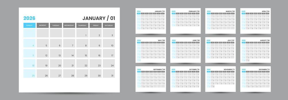 2026 Calendar. 12 Pages for 2026 Monthly Calendar. Clean and Simple Template and one page wall calendar template Design ready to print. vector