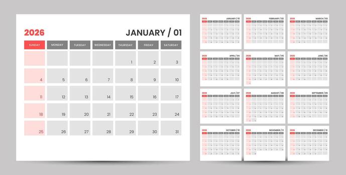 2026 Calendar. 12 Pages for 2026 Monthly Calendar Template and one page wall calendar template. Clean and Simple Design ready to print. 2026 Wall and office desk Planner Calendar. vector