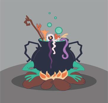 A captivating Enchanted Cauldron filled with an array of Mysterious Ingredients awaits exploration vector