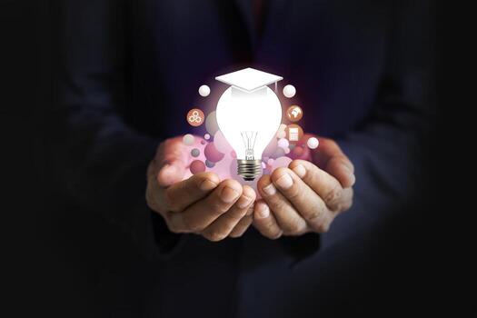 Man holding lightbulb showing education icon, Internet education course degree, study knowledge to creative thinking idea photo