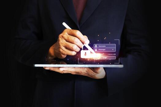 Lock icon and internet network security technology, virtual screen interfaces. cyber security photo