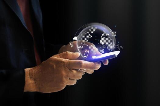 Businessman using mobile smart phone and global internet connection application technology. Digital link tech, big data photo