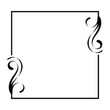 Black square frame with ornamental swirl corner decorations in outline minimalist style border design for invitations, cards, and text layouts vector