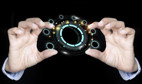 Hand holding arm circle round element technology, science future intelligence artificial ai copy space innovation machine digital background photo