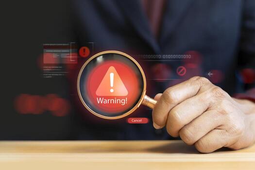 Malicious software, virus and cybercrime. System warning hacked alert, cyber attack on computer network photo