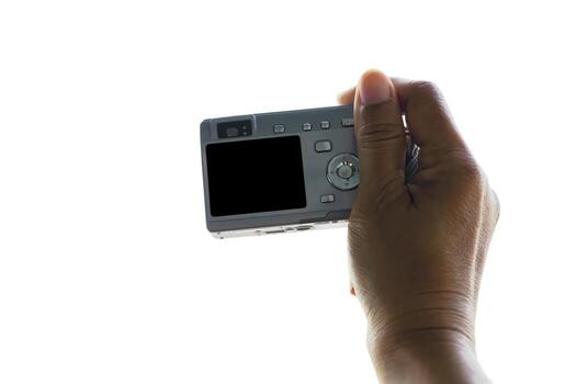 Digital camera in a hand with blank screen, Mockup isolated on white background photo