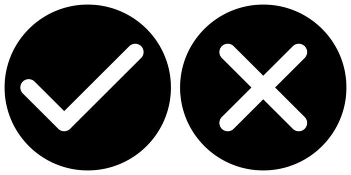tick and x in circle, OK check mark and X cross icon symbol, black and white vector