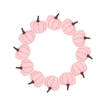 A cute autumn round frame with pink pumpkins. This autumn composition is framed in a wavy frame. The pumpkins are arranged in a circle. Composition on a white background vector