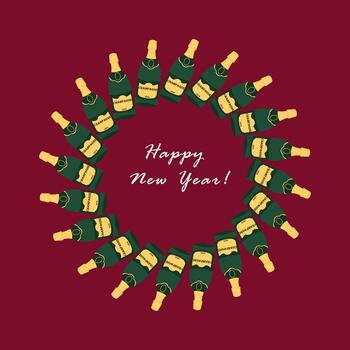 Winter Christmas round frame with a bottle of champagne. Round frame with bottles of alcohol, champagne, and spirits. illustration on a red background vector