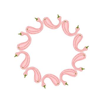 A cute autumn round frame with pink pumpkins. This autumn composition is framed in a wavy frame. The pumpkins are arranged in a circle. illustration on a white background vector