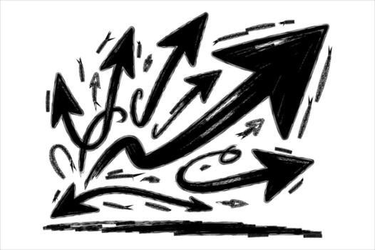 Dynamic hand drawn arrow set showing upward growth trend and directional movement vector