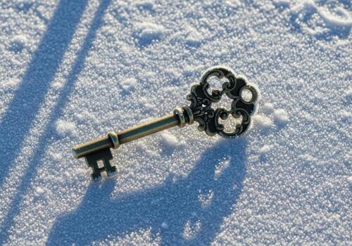 Antique ornate key found on textured surface casting dramatic shadows symbolizing opportunity and discovery photo