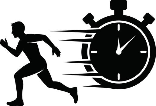 Silhouette of a running man with a stopwatch symbolizing speed and time. vector