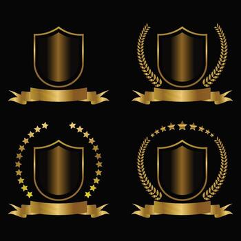 Set of four golden shield emblem isolated on black background, perfect for adding a touch of luxury to your designs vector