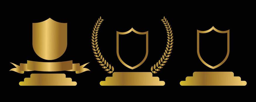 Three golden shields on pedestals, one with a ribbon and one with a wreath, on a black background vector