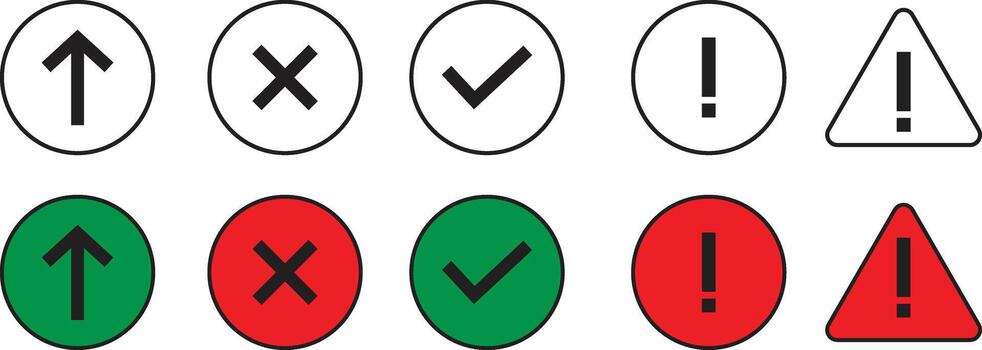 Set of simple icons for web design isolated on white background, including arrow, check, and alert vector
