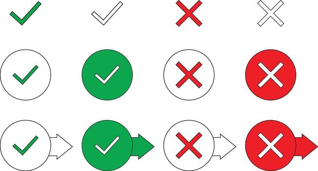 Set of check mark and cross mark icons in different styles isolated on white background vector