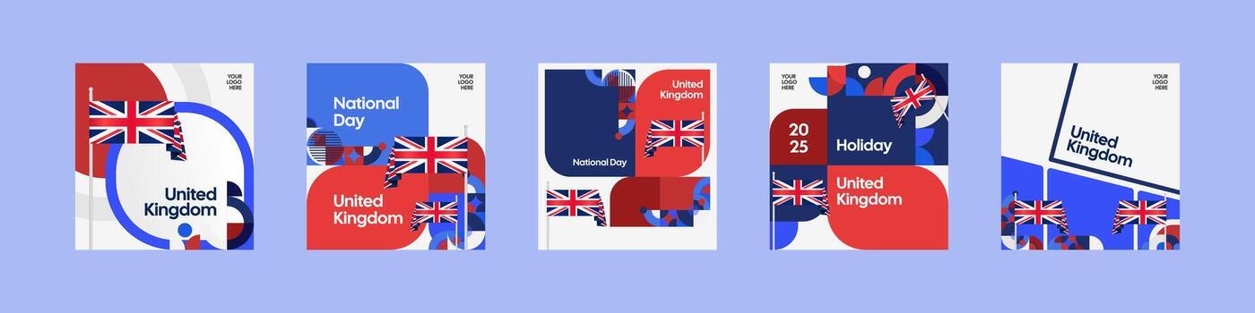 A festive United Kingdom national day concept with overlapping Union Jack flags and a colorful background. Perfect for social media graphics and event promotions. vector