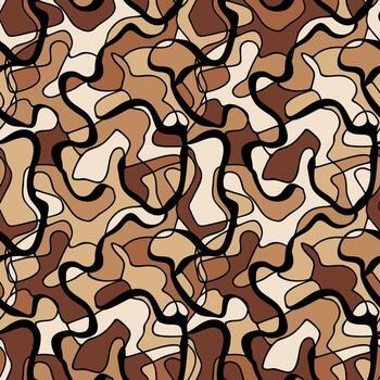 Abstract pattern with flowing organic shapes in various shades of brown and beige, outlined in black, creating a stylish earth tone camouflage design. vector