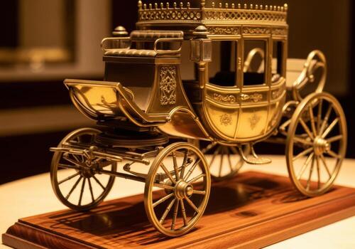 Ornate golden carriage miniature decorative object with intricate details resting on a wooden base photo