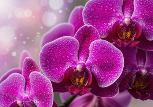Vibrant magenta orchids with dewdrops close-up nature photography stunning floral beauty soft bokeh background photo