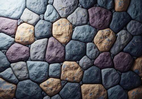 Textured natural stone wall pattern featuring irregular shapes in earthy tones and blues photo