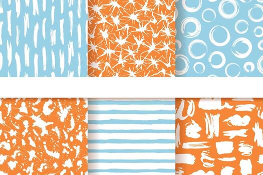 Set of six bright stylish patterns. Fun hand drawn seamless patterns. Fashion grunge backgrounds. Patterns for textile, packaging, etc. vector